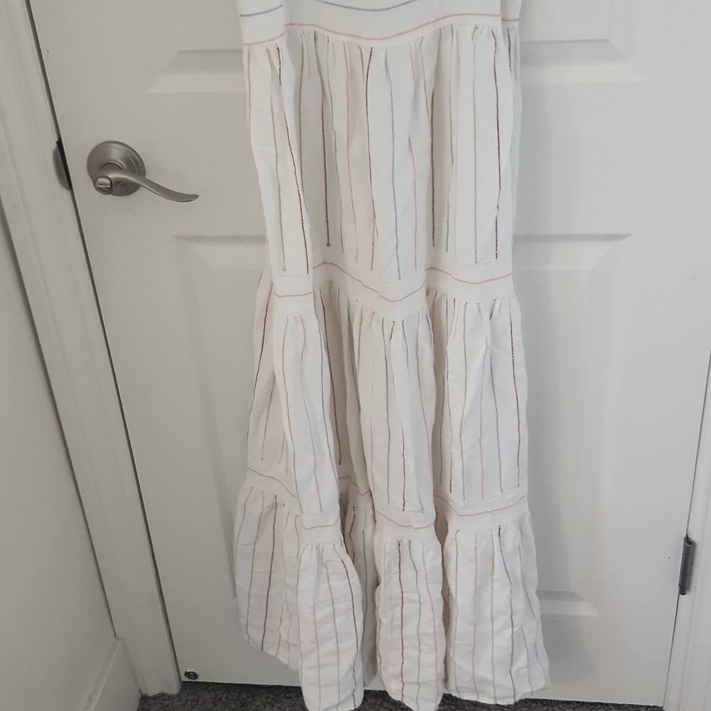 LOFT Linen Cream Colorful Striped Maxi Dress Tiered Striped Flowy Size 4 - Picture 4 of 8